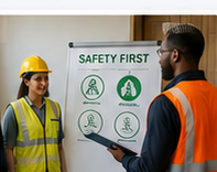 A woman and a man in PPE reviewing information together